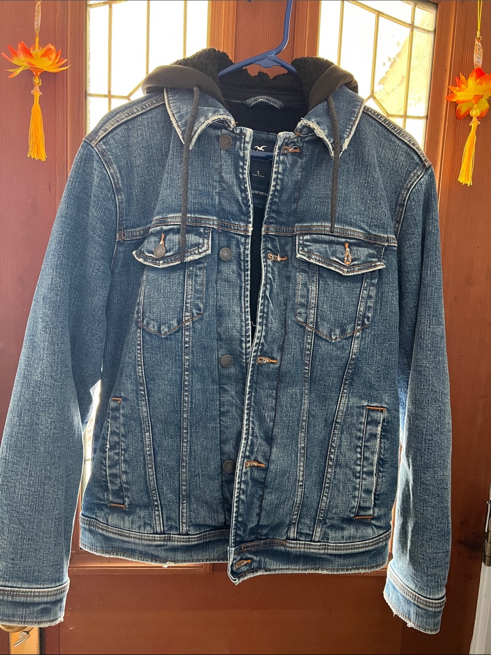 Hollister Men's Distressed Blue Denim Jacket with Black Hooded Liner